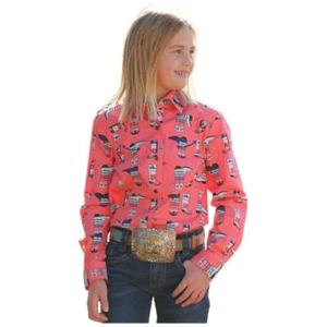 CTW3370023 Cruel Girl Girls' L/Sleeve Western Snap Shirt - Coral Boot Print NEW - Picture 1 of 5