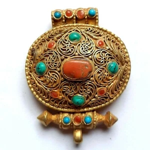 2.3" Gold Plated Tibetan Ghau Amulet Pendant Nepal Coral Turquoise Stone Locket - Picture 1 of 1