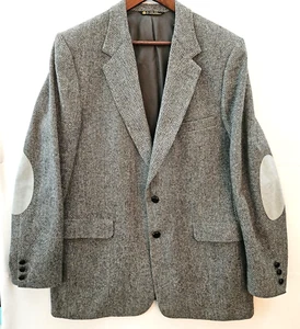 Halston Wool Tweed Herringbone Sport Coat Jacket Blazer Elbow Patches 46 Chest - Picture 1 of 17
