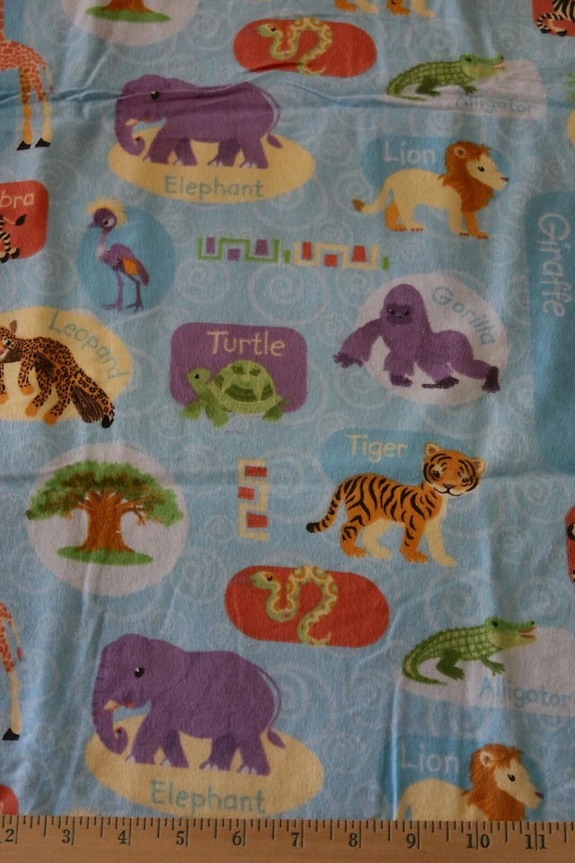 DAVID TEXTILES * ZOO ANIMALS * BLUE FLANNEL FABRIC ~ NEW ~ 30.5" x 42" - Image 1 of 1
