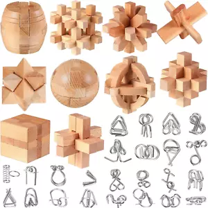 34 Pcs Metal Brain Teaser Puzzles for Kids Adult 3D Wooden Mind Games Puzzle Cub - Picture 1 of 12