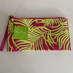 Vera Bradley Slim Zip Wristlet Wallet Hot Pink Green Palm Fronds Faux Leather - Picture 1 of 5