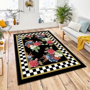 Check Area Rug - Black Floral Carpet - Greek Key Anti Slip Rug - Polka Dot Floor - Picture 1 of 13