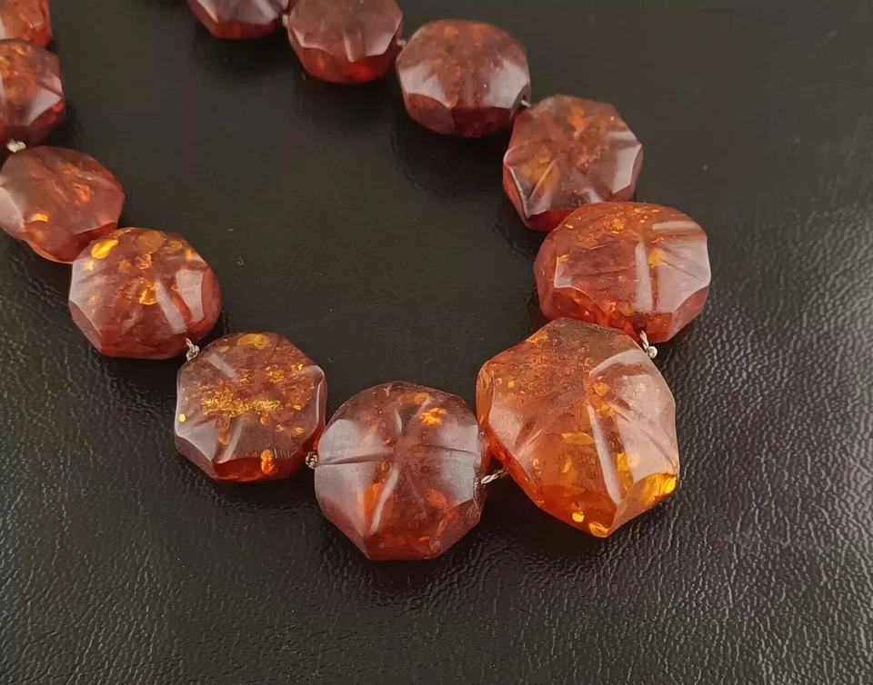 COLLAR CUENTAS ÁMBAR BÁLTICO COÑAC ANTIGUO VICTORIANO 100% NATURAL 44 GRAMOS 13" Foto 1 de 4