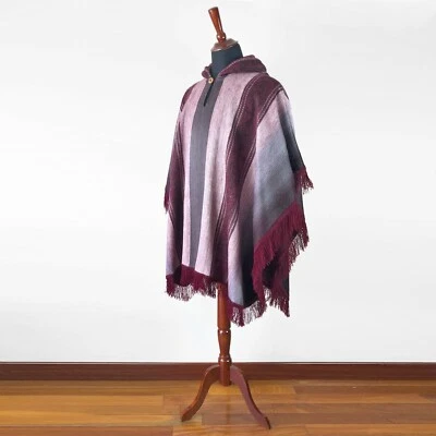 LIGHT BABY ALPACA WOOL HOODED PONCHO FRINGE UNISEX HANDMADE - Image 1 of 4