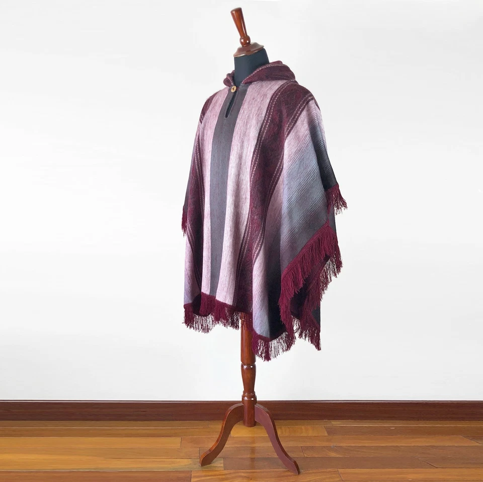 LIGHT BABY ALPACA WOOL HOODED PONCHO FRINGE UNISEX HANDMADE - Image 1 of 4