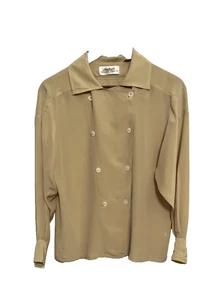 Linda Allard for Ellen Tracy Women’s Silk Blouse Tan Size 8 Vintage Hong Kong - Picture 1 of 9