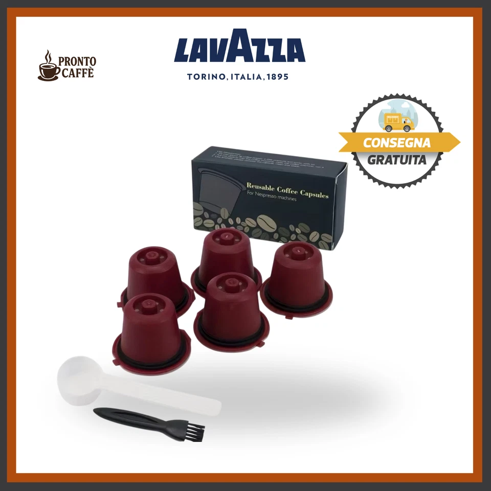 X5 CAPSULE RICARICABILI NESPRESSO RIUTILIZZABILI CAFFÈ + 1 SPAZZOLA + 1 DOSATORE - Immagine 1 di 4