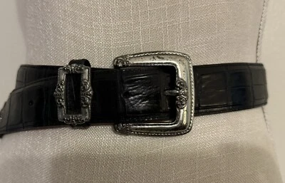 Винтажный 1990-е Brighton черный CROC тисненый кожаный ремень / серебряная пластина пряжка - Изображение 1 из 4