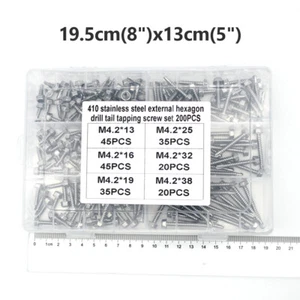 200-Piece M4.2 Hex Washer Head Self Drilling Sheet Metal Screws Assortment Kit - Picture 1 of 7