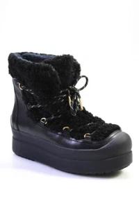 Tory Burch Womens Leather Shearling Laced Platform Snow Boots Black Blue Size 9 - Picture 1 of 5