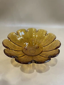 Vintage Amber Glass Footed Feather Bowl 7 1/4” - Picture 1 of 7