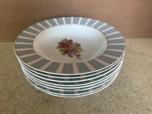 Set Of 8 Carleton Varney Greenbrier Garden Hotel Shallow Soup Bowl Blue Pink - Picture 1 of 7