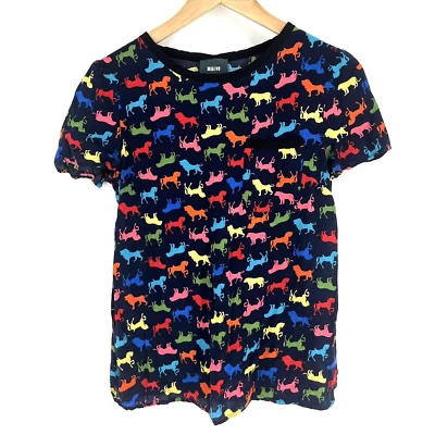 Maeve T Shirt Size 2 Womens Navy Rainbow Tee Colorful Carousel Animals Top Crew - Image 1 of 4