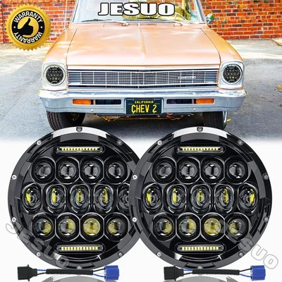 Pair 7'' inch Round LED Headlights White Halo fit Chevrolet Chevy Nova 1963-1978 - Image 1 of 4