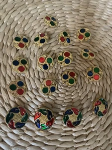17 Vintage Multicolor Plastic Jewels On Gold Tone Buttons - Picture 1 of 8
