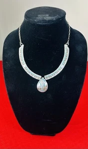 Zuni Channel Inlay Sterling Silver Collar Necklace Turquoise Coral Bib -Signed B - Picture 1 of 9
