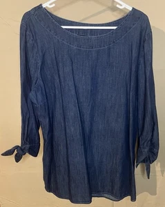 TALBOTS Scoop Neck 3/4 Sleeve Tie Dark Denim Chambray Tunic Shirt Women's Large - Picture 1 of 8