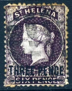 ST. HELENA QV 1873 Three Pence Surcharge Deep Purple P12½ Wmk Crown CC SG 12 VFU - Picture 1 of 2