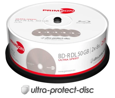 50 Primeon Rohlinge Blu-ray BD-R Dual Layer ultra protect disc 50GB 8x Spindel - Bild 1 von 2