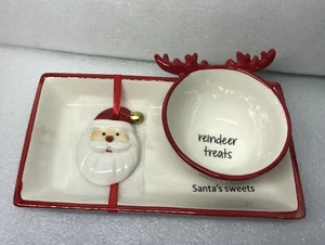 Santa Ceramic Cookie Set Tray Bowl Christmas Eve Candy Plus Tree Ornament - Picture 1 of 9