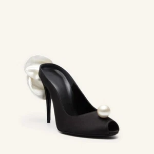 Sexy Damen-Bankettschuhe Satin Perlen Blumendekor hoher Absatz zehenfrei - Bild 1 von 8