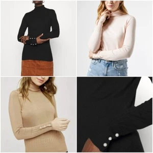 Ex Dorothy Perkins Roll Neck Jumper Pearl Button Cuff - Picture 1 of 32