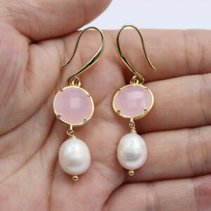 Natural White Rice Pearl Pink Glass Crystal Gold Plated Hook Earrings For Girls