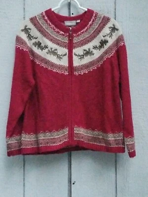 Womans Christmas Winter Red Holiday Holley Berries & Cones Zip Up Sweater PL NWT - Image 1 of 4