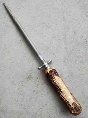 SOLINGEN GERMANY ANTLER HANDLE HAND CARVED WILD BOAR 13" KNIFE SHARPENER ROD - Image 1 of 4