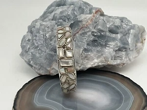 925 Sterling Silver W/ M.O.P. Nuggets Inlayed Acrossed Full Cuff Bracelet - Picture 1 of 6