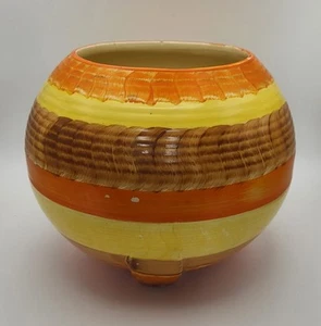 Art Deco Large Ceramic Witon Bowl Vase Orange Brown Yellow Striped 8in Dia 6in H - Picture 1 of 23