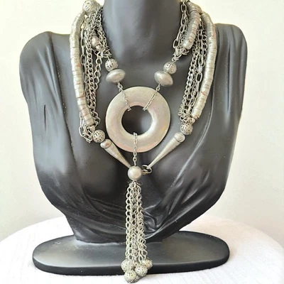 VNT Lariat Serpentine Tribal Statement Colar Prata Multi Strand Borla    - Imagem 1 de 4