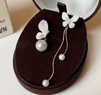 AAAA 6-10mm Natural south sea round white pearl Butterfly earrings Asymmetry 14k - Image 1 of 3