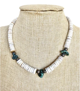 Vtg Native Amer Graduated Shell Heishi, Turquoise Nuggets & Silver Beads, 17" - Picture 1 of 7