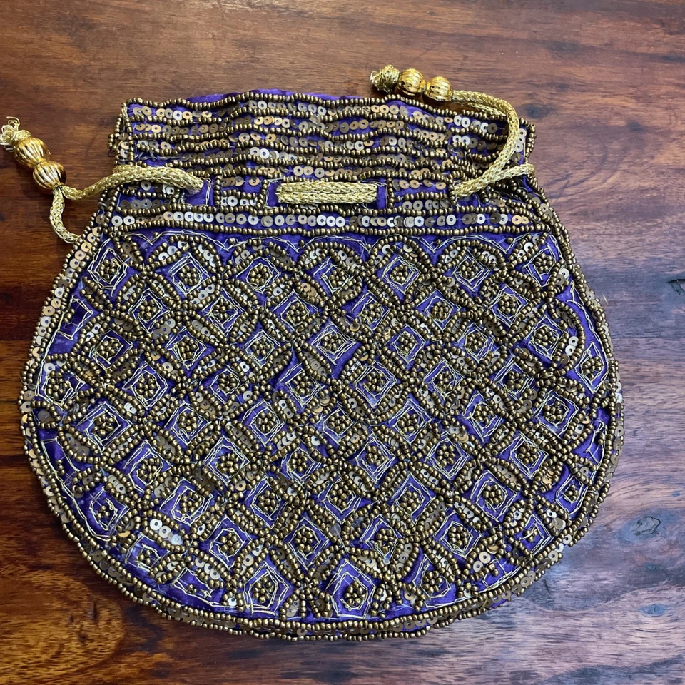 Vintage Hand Made Polti Copper Bead and Sequin Drawstring Bag Satchel Beautiful - Image 1 of 4