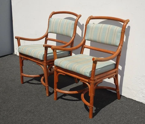 Vintage Coastal Style Pair of Gervasoni Rattan Accent Chairs w Leather Straps Cover
