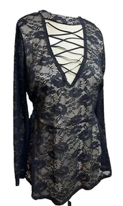 NWT Torrid Size 1 Black LACE-UP PEPLUM TOP w/ Overlay Long Sleeve Lined 1X 14-16 - Picture 1 of 11