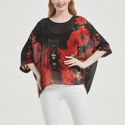 Womens Oversize Batwing Poncho Blouse Floral Kimono Chiffon Loose Cover Up Tops - Image 1 of 4