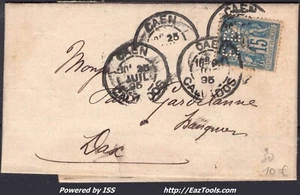 FRANCE N° 90 AVEC PERFORATION EB BANQUE BELLAMY + CAD CAEN DU 25/07/1895 - Picture 1 of 2