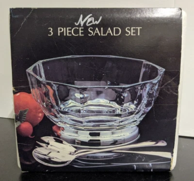 Juego de ensaladas Godinger de 3 piezas - Plato de plata cuenco de cristal, tenedor de cuchara para servir Foto 1 de 4