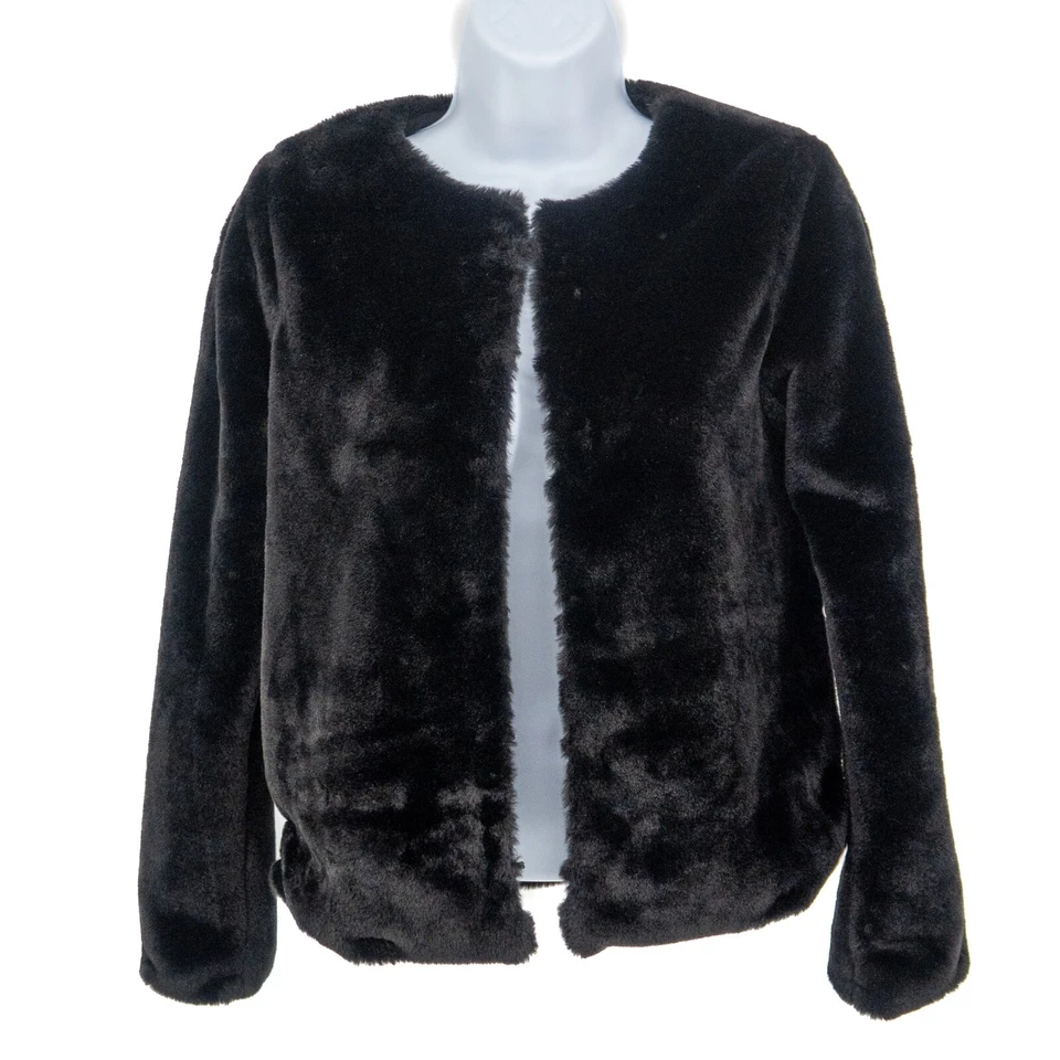 H & M разделенный черный искусственного меха пальто размер XS длинным рукавом глаз застежки карманы мягкий - Изображение 1 из 4