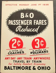 ORIGINAL June 1936 B&ORR Baltimore & Ohio Railroad PASSENGER FARES REDUCED Sign - Picture 1 of 3