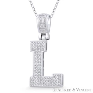 Initial Letter "L" Block Script CZ Crystal 925 Sterling Silver & Rhodium Pendant - Picture 1 of 1