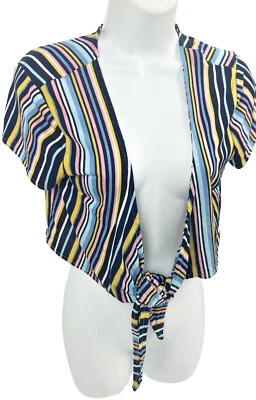 Junior Large Eye Candy Stripe Tie Front Crop Cardigan Beach Top Stretch - Image 1 of 4