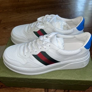 GUCCI 669698 Zapatillas bajas de cuero a rayas con logotipo GG blancas talla 11 (US 11.5) - Imagen 1 de 7