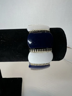 Elastic Plastic Stretchy Bracelet Blue And White With Gold Colored Accents - Image 1 of 4