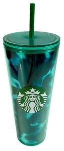 Starbucks Teal Turquoise Green Blue Wave Tumbler Traveler Cold Cup 24oz Venti - Picture 1 of 6