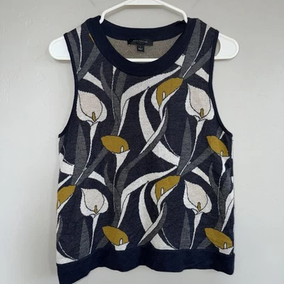 Ann Taylor Navy Blue Yellow Floral Sleeveless Crew Crop Top Sweater Vest S Wool - Image 1 of 4