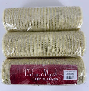 Lot 3 10" x 10 Yard Cream W/Gold Foil Deco Mesh Roll Ribbon Wreath Wedding - Picture 1 of 2